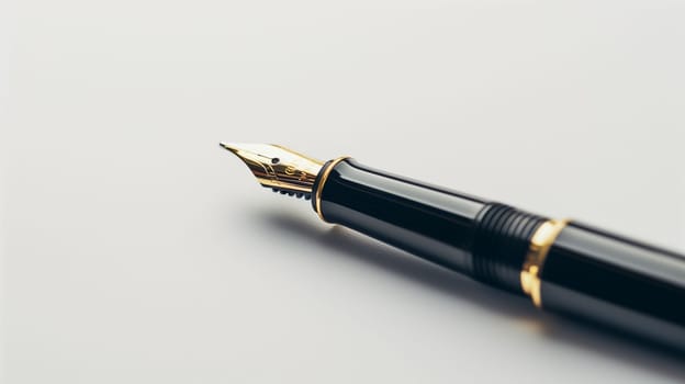 This close-up display focuses on a luxurious fountain pen, highlighting its intricate nib and elegant design against a clean white backdrop. The craftsmanship and attention to detail present in this writing instrument illustrate its high quality and elegance, appealing to both collectors and enthusiasts alike.