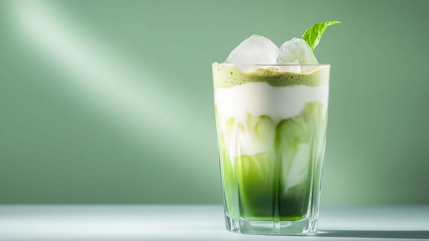 A vibrant matcha drink with distinct layers of green and white, topped with mint leaves and ice, showcases a refreshing treat perfect for warm days.