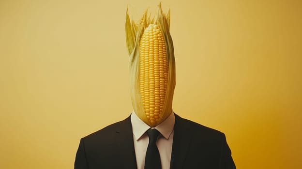 Surreal portrait of a person with corn cob head in suit, humorous concept.