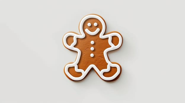 A charming gingerbread man cookie is beautifully decorated with white icing details, including a smiling face and buttons. The cookie sits against a soft light background, creating an inviting and festive atmosphere.