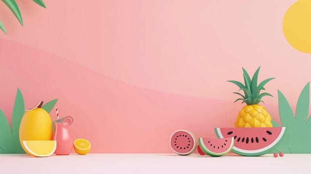 A colorful arrangement of various tropical fruits, including a pineapple, watermelon, and lemons, is displayed against a soft pink backdrop. The setup evokes a cheerful summer atmosphere with a warm yellow sun and green palm elements, creating a refreshing scene ideal for fruit-themed decor or seasonal gatherings.