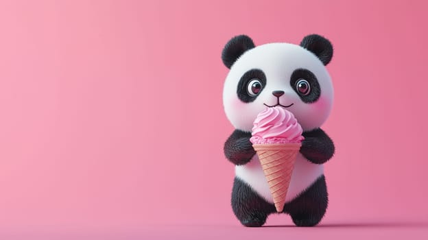 A cartoon panda with large eyes joyfully holds a pink ice cream cone, creating a playful and vibrant atmosphere.