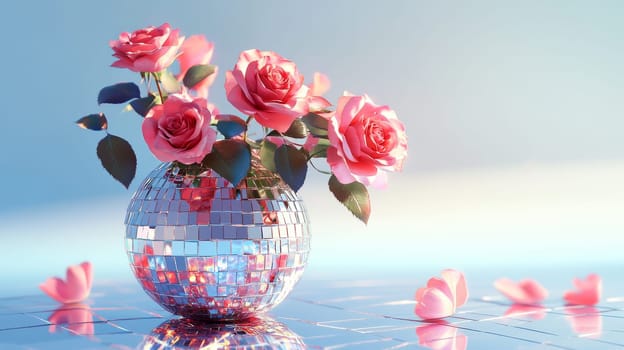 Pink roses in a disco ball vase, reflective surface. Floral elegance and retro design concept.