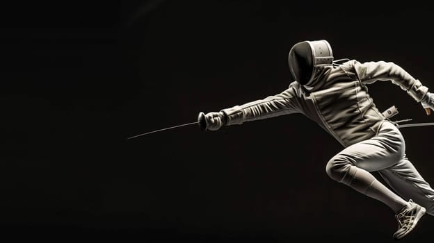 A fencer in action, smiling as they execute a powerful lunge, showcasing agility and focus. The dramatic lighting accentuates their movement and technique during an intense fencing match.