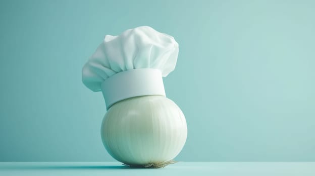 White onion with chef hat on teal background, creative culinary concept.