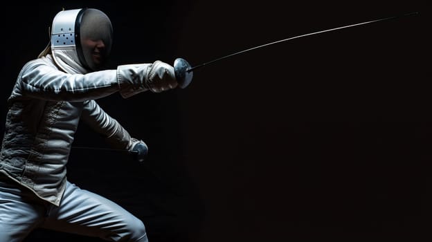 A fencer showcases skill and determination while engaging in a spirited duel at night, their confident smile radiating passion for the sport amidst a dramatic backdrop.