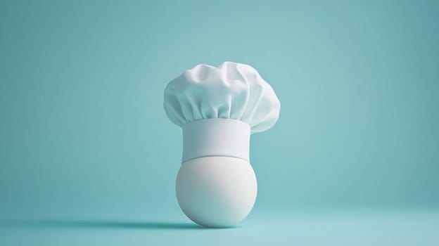 Egg with chef's hat on pastel blue background, creative culinary concept.