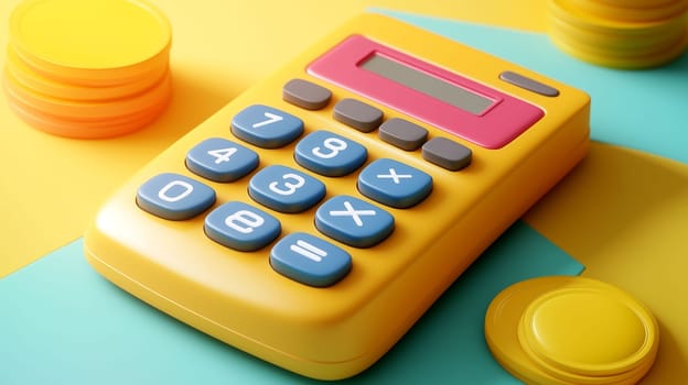 A bright yellow calculator is positioned on colorful papers, accompanied by coins and buttons. The vibrant setting suggests a playful and engaging atmosphere suitable for learning or fun activities.