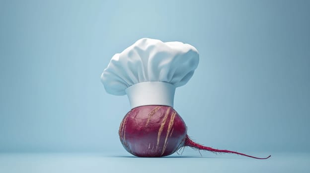 Beetroot with chef hat on blue background, culinary creativity concept.