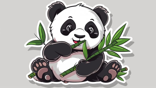 A cheerful cartoon panda sits happily, munching on fresh bamboo sticks. The panda has a playful expression, surrounded by a plain background that emphasizes its adorable features and vibrant colors.