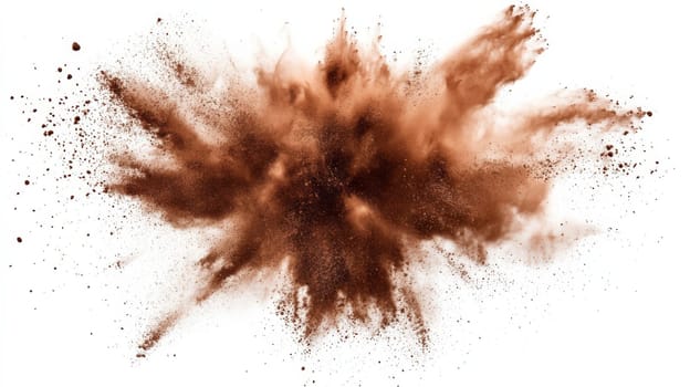 Brown powder explosion against white background, dynamic energy and motion concept.