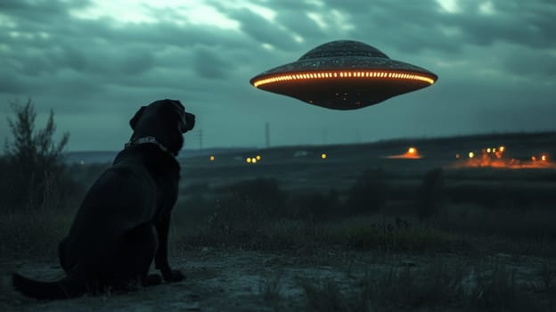 Dog gazing at ufo in dusk landscape, mysterious encounter concept.