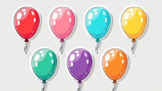 A vibrant collection of balloons in various colors is displayed artfully against a light background. Each balloon showcases a glossy surface that reflects light, enhancing their festive appearance. The assortment includes red, pink, turquoise, yellow, orange, and purple balloons, creating a cheerful and inviting atmosphere.