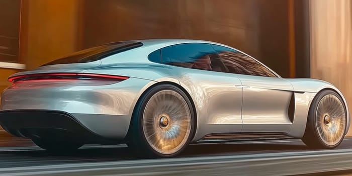 Silver electric sports car is parked in the driveway of a modern, minimalist home. The car is a sleek and stylish design, with smooth curves and sharp angles