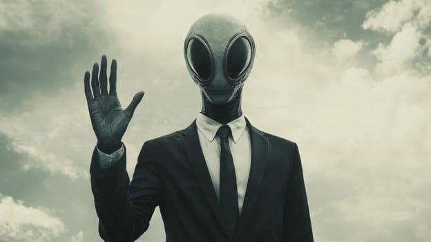 Alien waving in a suit under cloudy sky, science fiction concept.