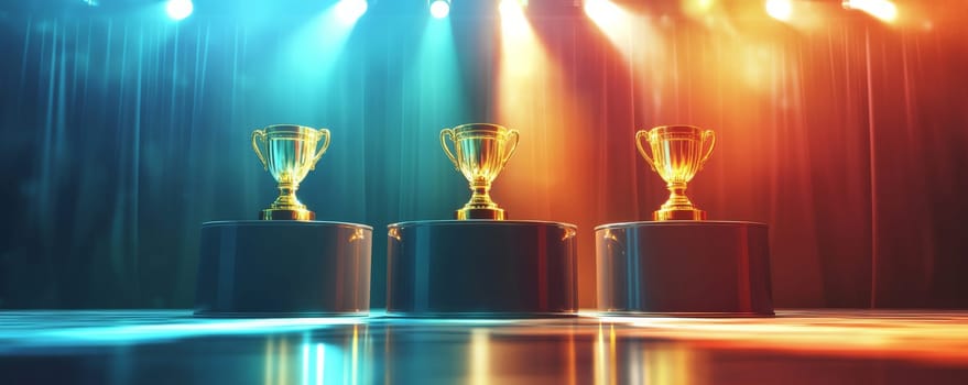 Three golden trophies on podiums with colorful stage lighting, achievement and celebration concept.