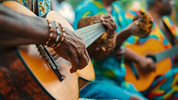 A group of musicians showcases their talent on guitars while dressed in vibrant outfits, entertaining an engaged audience outdoors - Generative AI