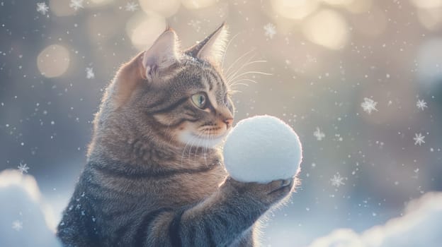 Cat holding a snowball in winter setting.