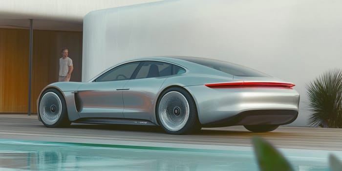 Man in a suit walks to his silver electric car by a pool, showing luxury and eco friendliness. The scene radiates success and adventure under the summer sun