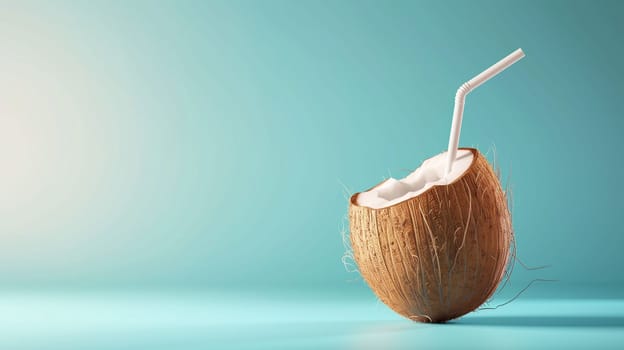 A coconut half is positioned on a solid surface, featuring creamy coconut water and topped with a straw. The background is softly lit, enhancing the natural textures and colors of the coconut, creating a refreshing atmosphere perfect for summer.