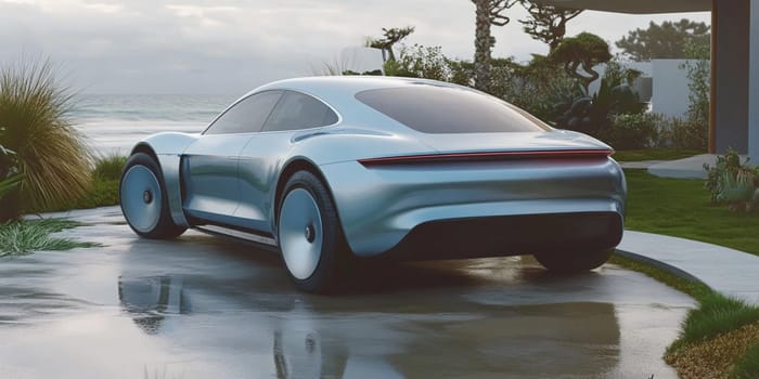 Silver electric sports car is parked in the driveway of a modern, minimalist home. The car is a sleek and stylish design, with smooth curves and sharp angles