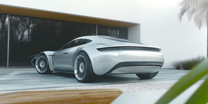 Silver electric sports car is parked in the driveway of a modern, minimalist home. The car is a sleek and stylish design, with smooth curves and sharp angles
