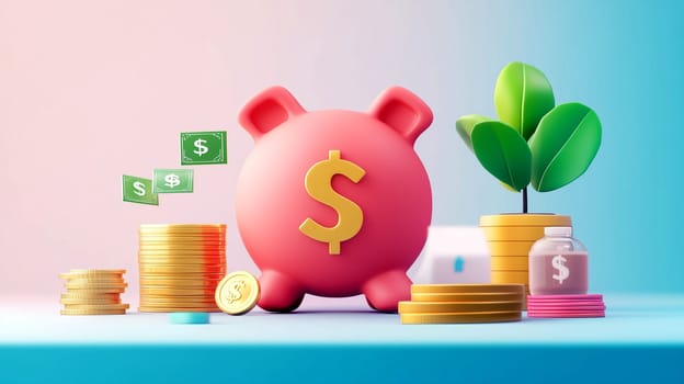 A piggy bank sits prominently among stacks of coins, dollar bills, and potted plants, showcasing a vibrant approach to financial management and savings.