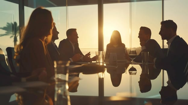 A diverse group of professionals engages in a collaborative meeting during sunset, surrounded by glass walls showcasing the scenic view, sharing insights, and enjoying refreshments.