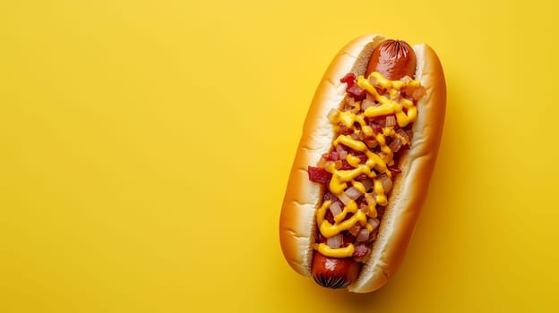 A hot dog is served in a bun, generously topped with mustard and pieces of crispy bacon, resting against a bright yellow background. The colors create an inviting and appetizing look.