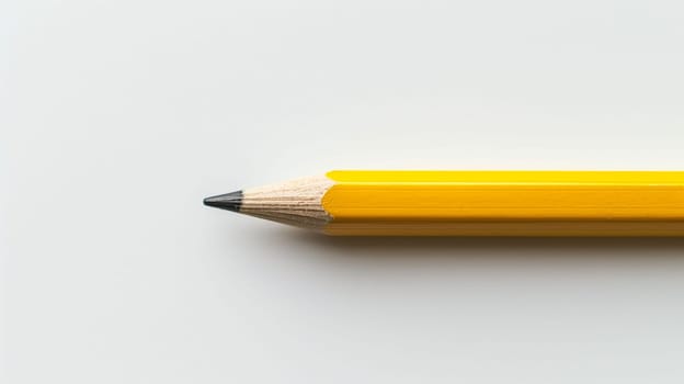 A yellow pencil lies flat on a clean, white surface, showcasing its vibrant color and sharp tip. The absence of distractions highlights the simplicity and elegance of the pencil, emphasizing its potential for creativity and writing. This striking contrast draws attention to the object.