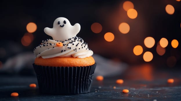 Cupcake with ghost decoration on top, halloween theme with bokeh lights effect. Festive dessert and spooky concept.