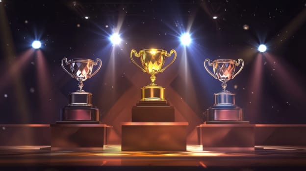 Three shining trophies on a podium under spotlights, award ceremony concept.