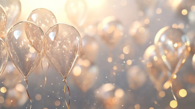 Close-up of golden balloons with bokeh light, celebration concept.