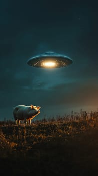 Pig on field under glowing ufo at night.