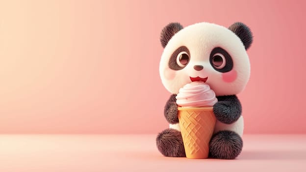A fluffy panda toy sits happily holding a delicious ice cream cone, showcasing a fun and cheerful atmosphere.