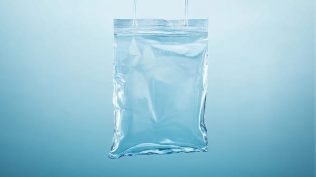 Transparent plastic bag on blue background, minimalist concept.
