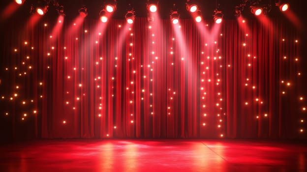 Red theater stage with spotlights and curtains, performing arts concept.