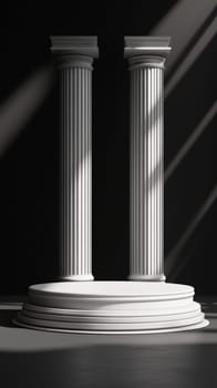 classical fluted columns on round platform with light and shadow.