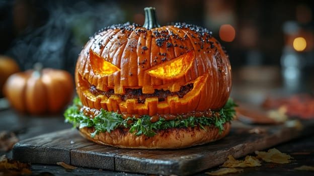 Carved halloween pumpkin burger on wooden board, spooky autumn celebration concept.