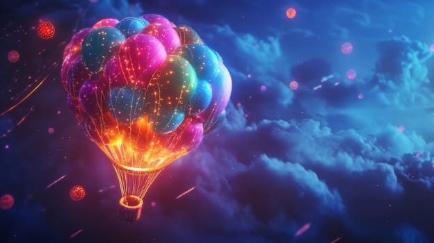 Colorful hot air balloon floating among clouds at night, magical atmosphere. Fantasy and adventure concept.
