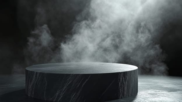 Gray marble pedestal with foggy background, abstract showcase. Minimalist design concept.