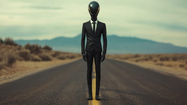 Alien in a suit standing on a deserted road, surreal and enigmatic scene.