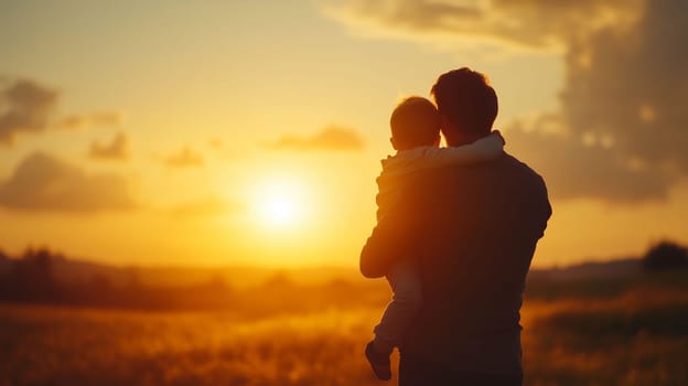 A father holds his young child close as they gaze at a stunning sunset over a peaceful landscape.