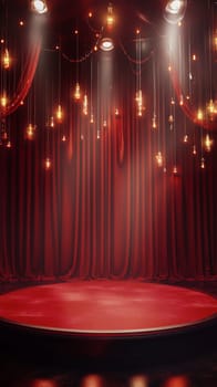 Red stage with spotlights and hanging lights, empty theater setting. Performing arts and show concept.