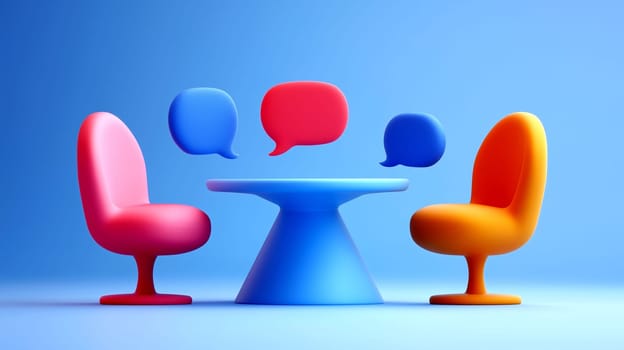 Two brightly colored chairs, one pink and one orange, face a blue table. Colorful speech bubbles hover above, creating a lively atmosphere perfect for conversation or brainstorming.