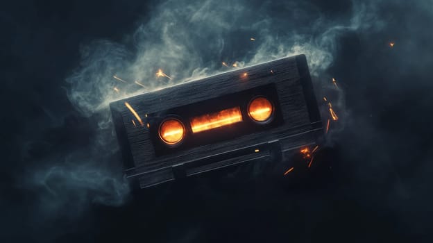 Glowing cassette tape surrounded by smoke and sparks, vintage music concept.