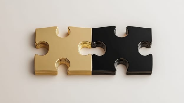 Two interlocking puzzle pieces in gold and black, concept of connection and contrast.