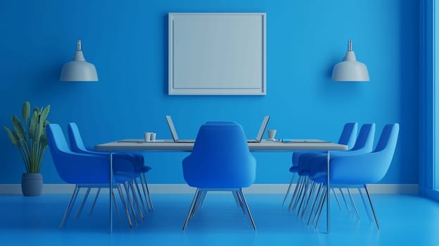 A conference room features a large table surrounded by blue chairs and bright blue walls. Two lamps illuminate the space, enhancing its modern atmosphere, perfect for meetings.