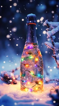 Champagne bottle wrapped in colorful lights in snowy landscape.