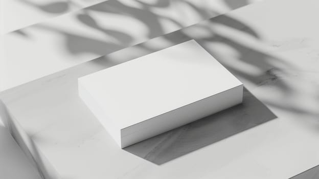 A simple white box rests on a muted surface, creating a serene atmosphere. The shadows of nearby foliage softly drape across the surface, adding depth and texture to the composition, while natural light highlights the box’s clean lines.